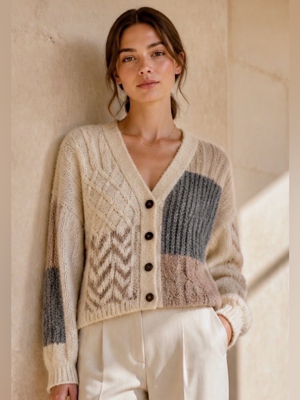 NWT Blu Pepper Patchwork V-Neck Button Cardigan Sweater - Cream/Blue/Brown M